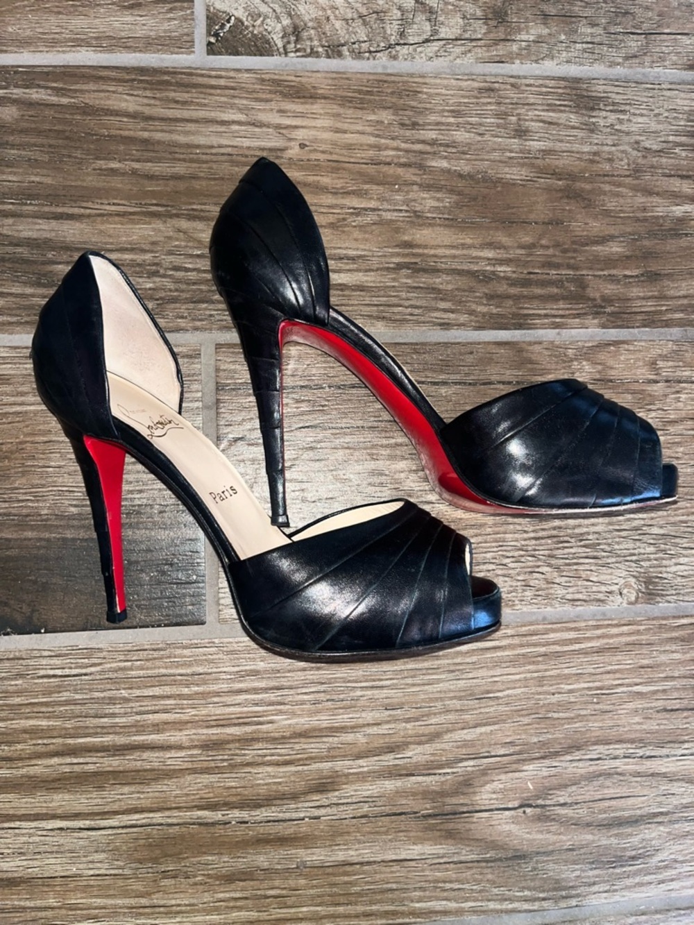 Christian Louboutin Black Leather Peep-Toe Pumps - Picture 4 of 9